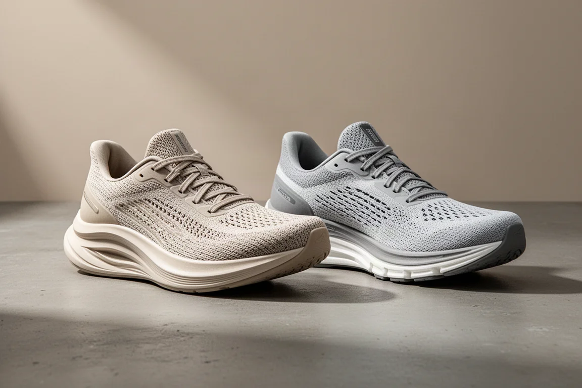 Two high-stack plated running shoes side by side on a concrete surface