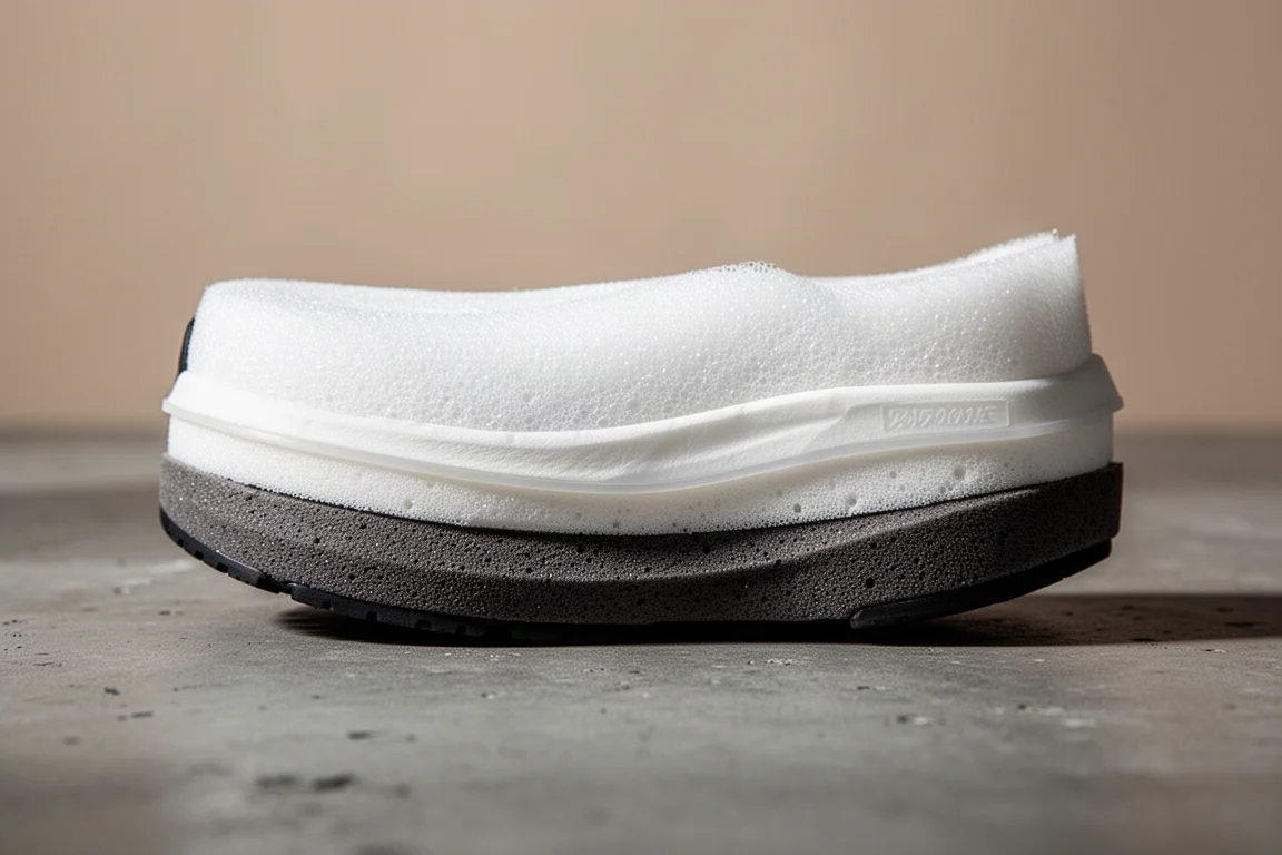 Gros plan d'une semelle intermédiaire blanche épaisse de chaussure de running avec une plaque visible