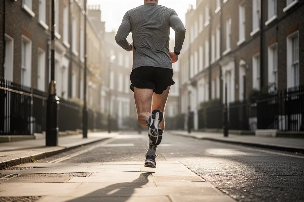 Coureur trottant à une allure régulière dans une rue de Londres à la lumière du matin