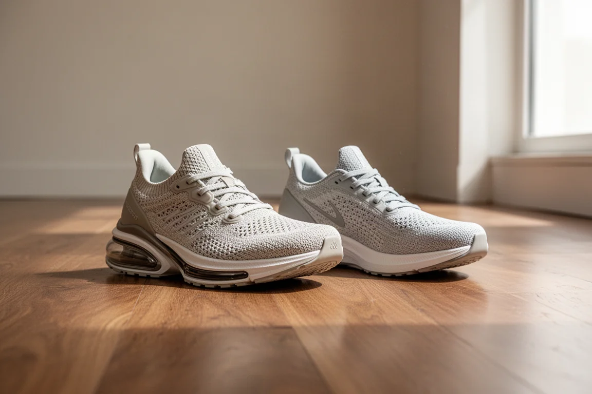 Comparaison côte à côte de deux chaussures de running sur un parquet en bois