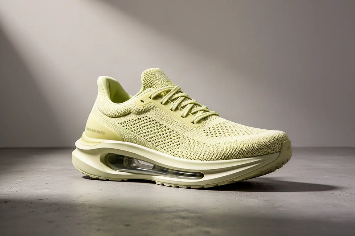 Hoka Mach X3 running shoe with thick midsole and pale knit upper on a concrete surface