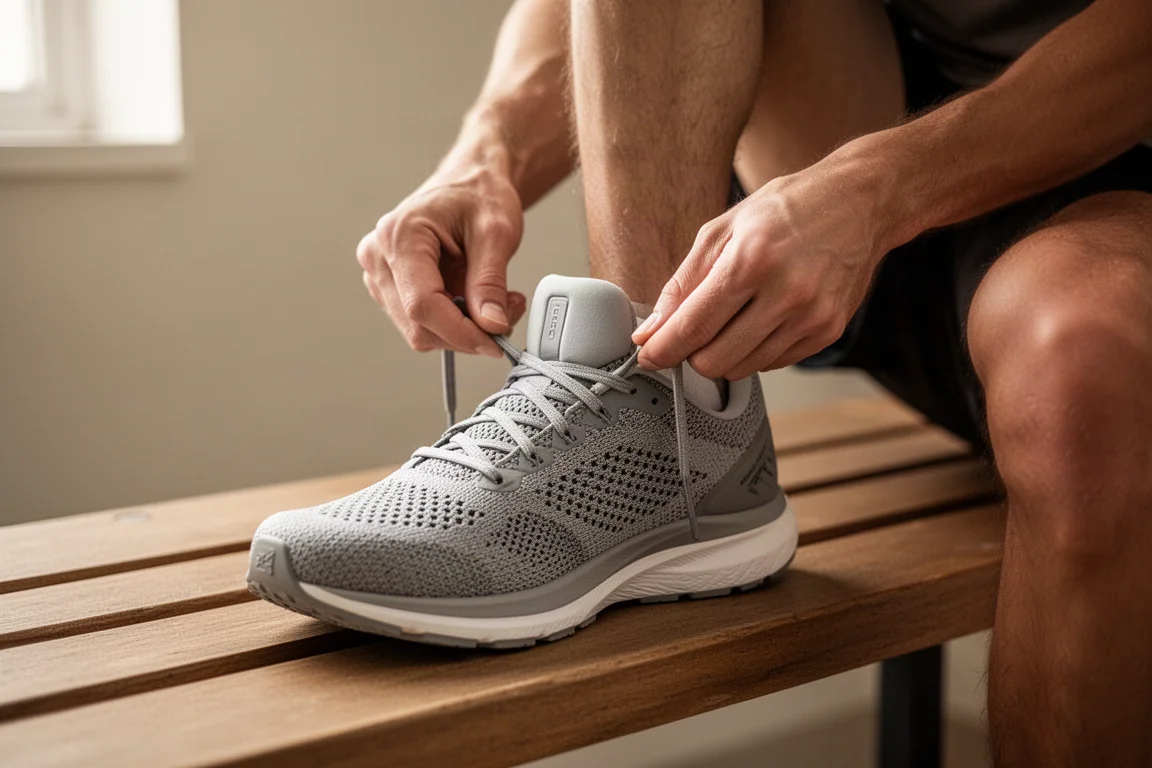 Un corredor ata los cordones de una zapatilla de running con tejido mullido en una calle tranquila de la ciudad