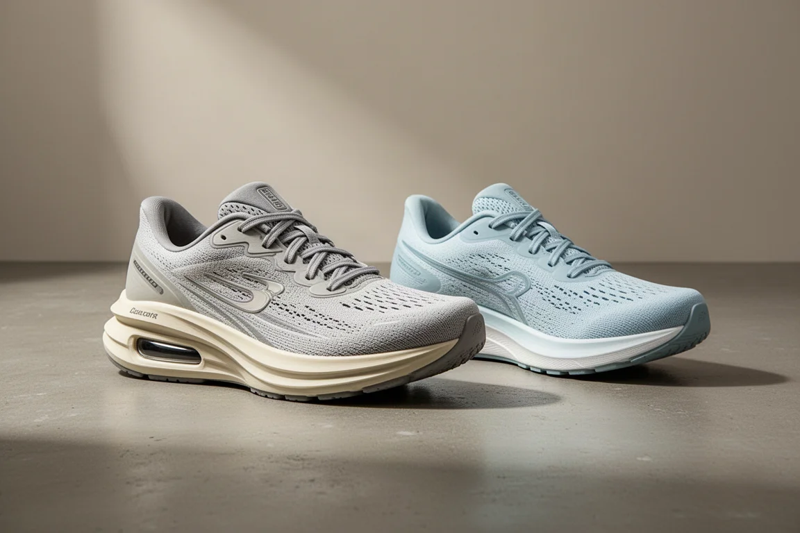 Two Hoka running shoes side by side on a concrete surface