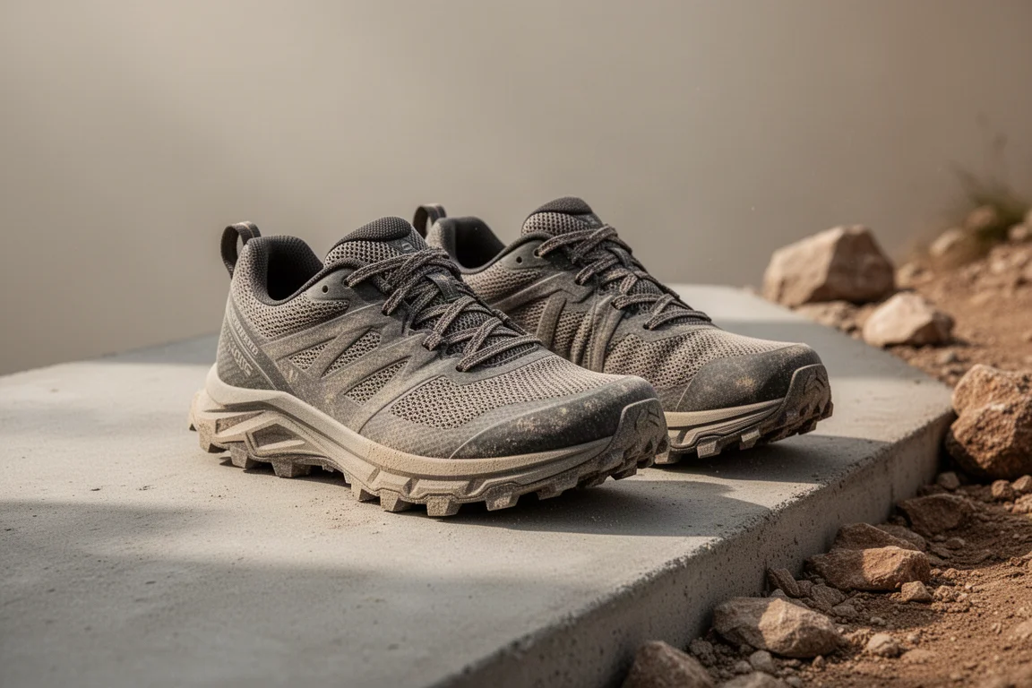 Hoka Mafate 5 trail running shoe with layered black and blue midsole on concrete