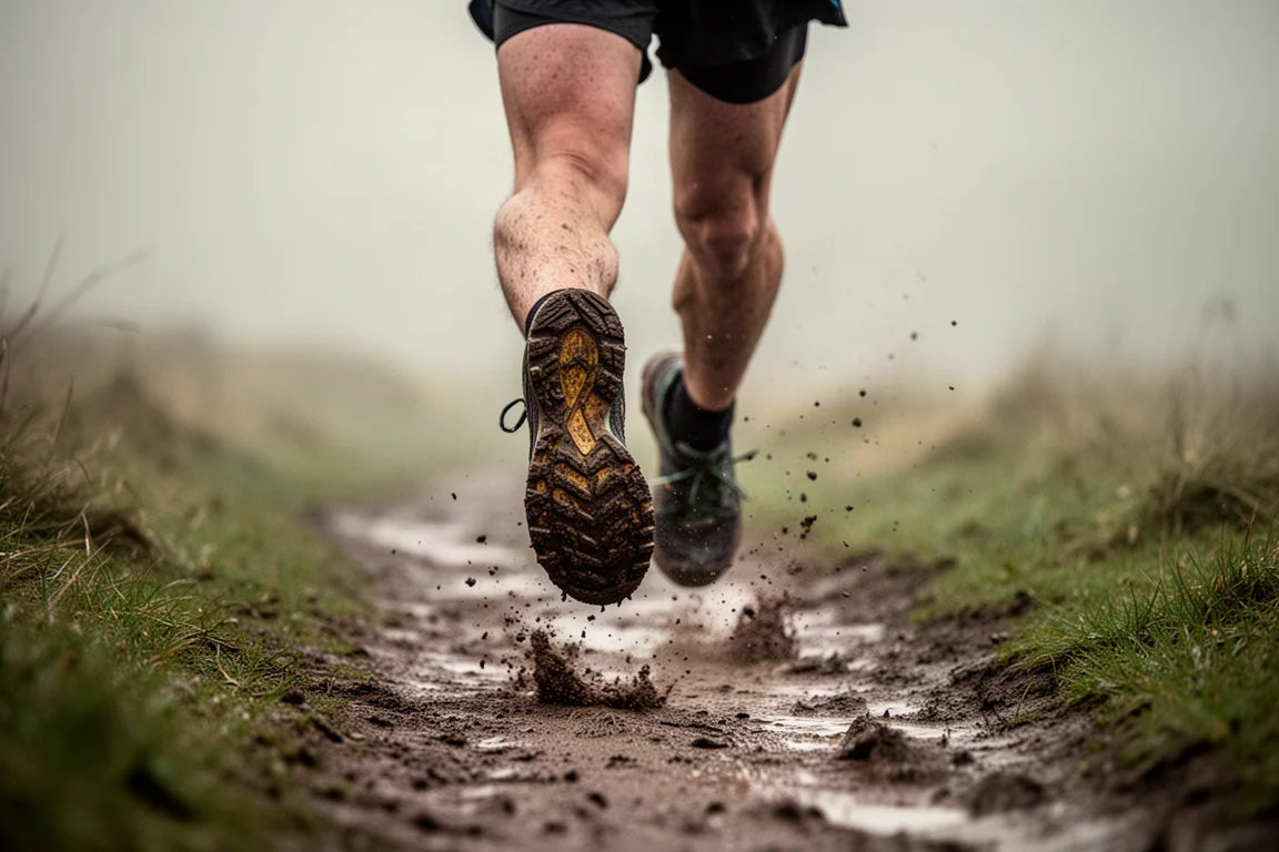 Trail runner on a muddy, gritty single-track path in soft daylight