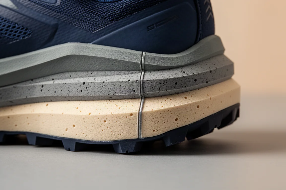 Close-up of a dual-density foam trail shoe midsole showing visible layering