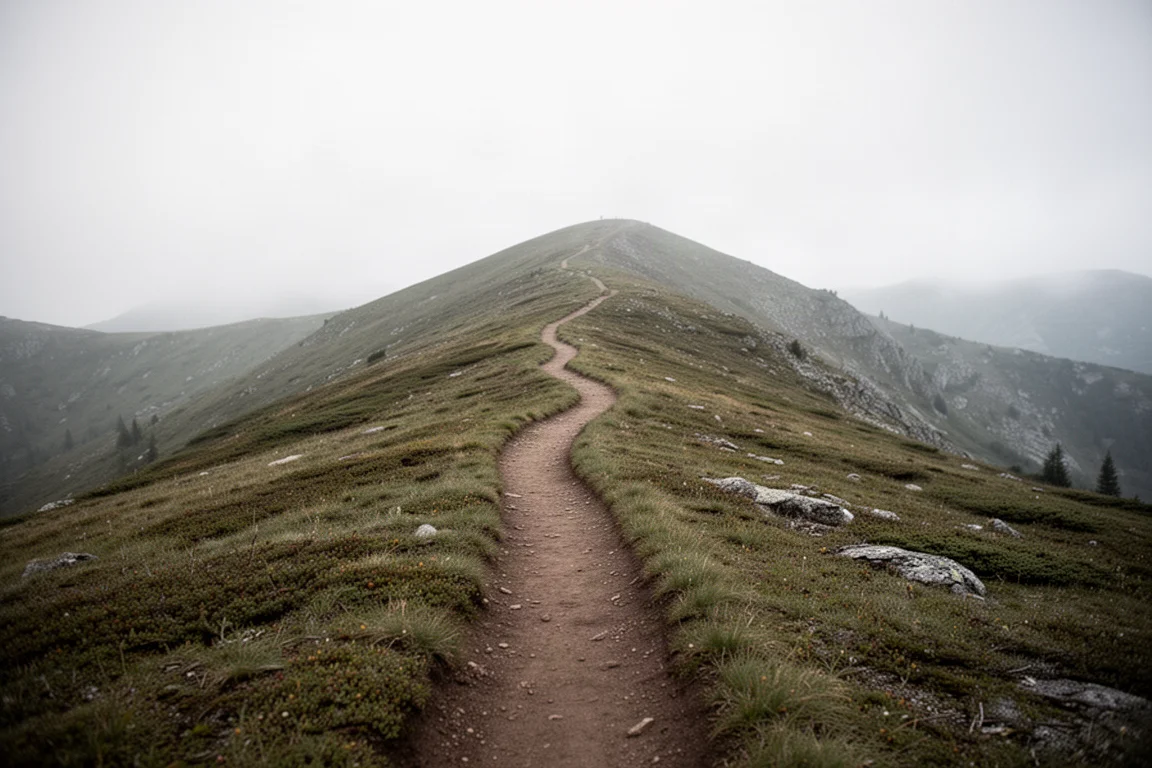 Quiet mountain trail winding uphill under overcast sky