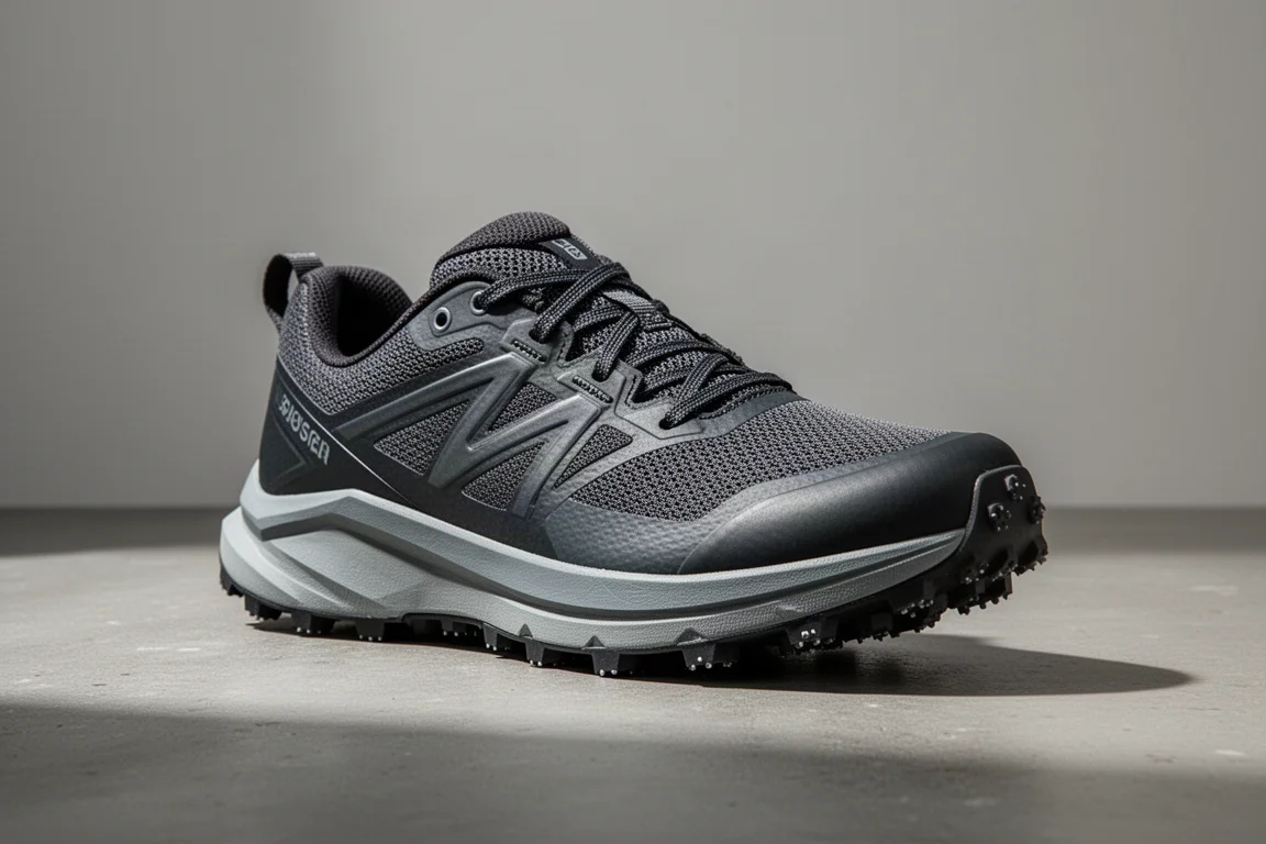 Hoka Mafate trail running shoe on a matte concrete surface