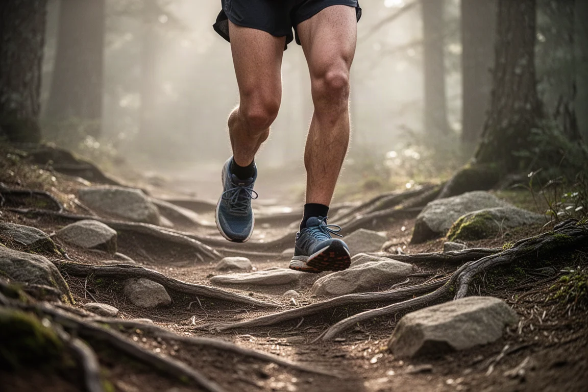 Corredor de trail avanzando por un sendero estrecho rocoso cubierto de raíces bajo luz suave