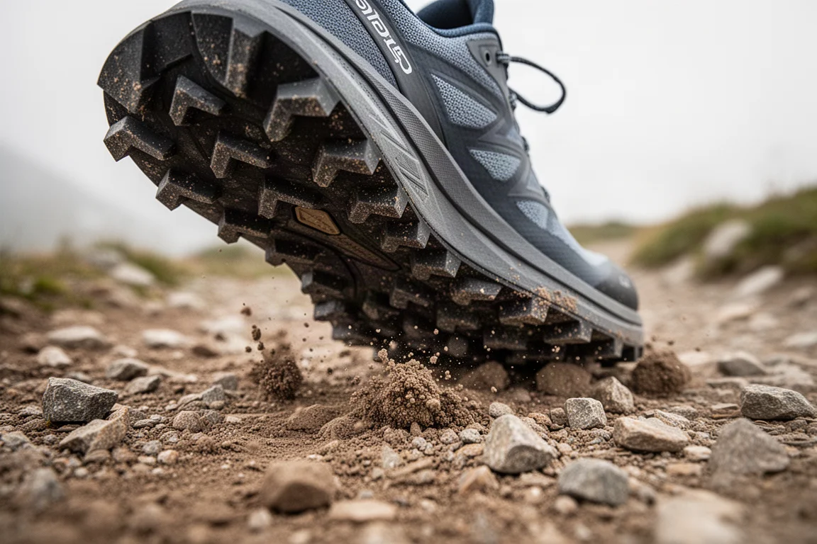 Primer plano de una suela de trail con tacos agresivos sobre terreno accidentado