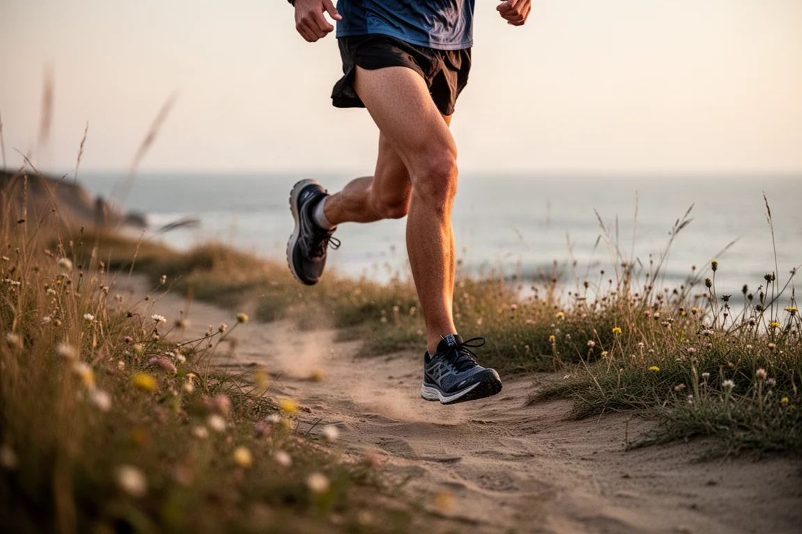Trail runner on a sandy coastal path in soft evening light