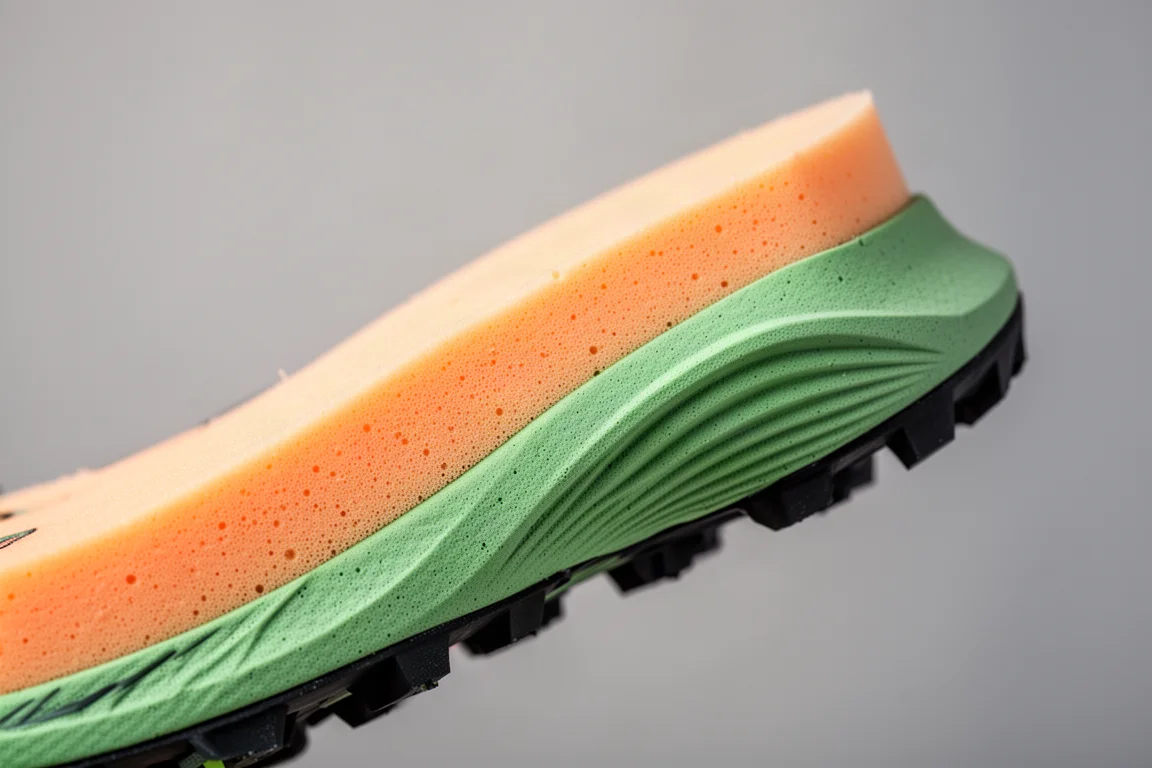 Close-up of a dual-density trail shoe midsole showing two foam layers