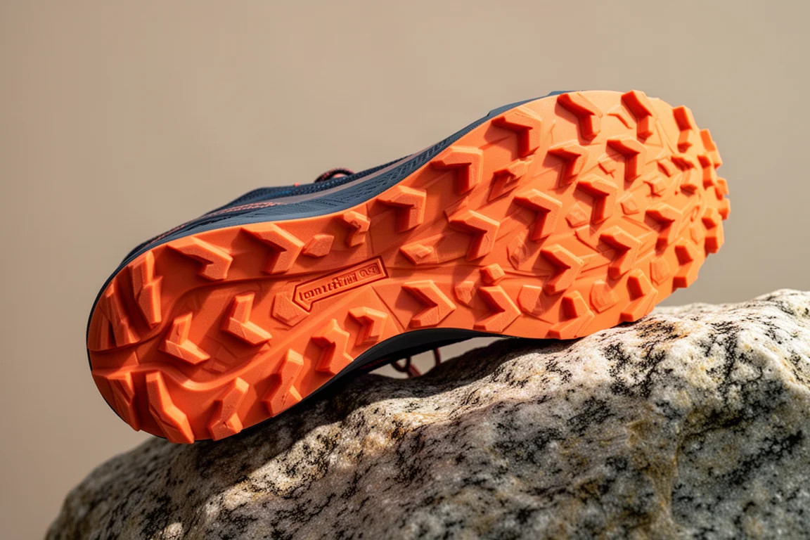 Chunky lugged outsole with orange rubber compound on a stone surface