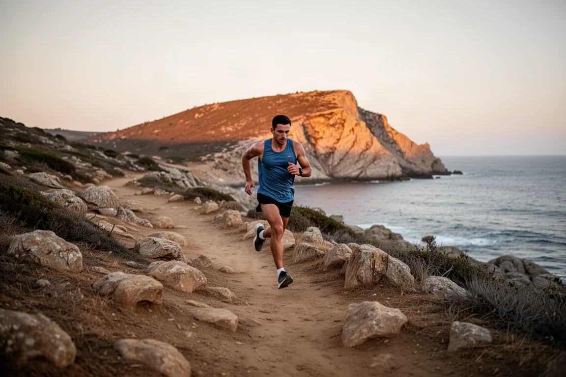 Runner descending a rocky coastal trail at dusk with headland views