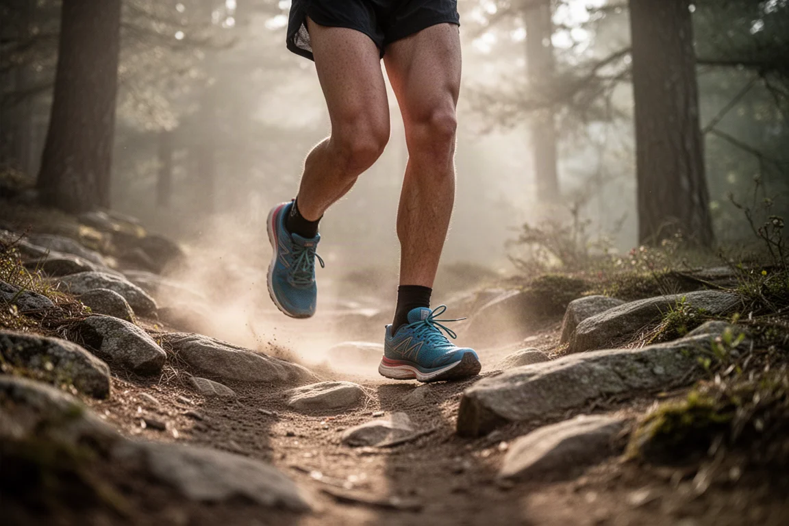 Corredor de trail avanzando por un sendero estrecho rocoso con luz suave de la mañana