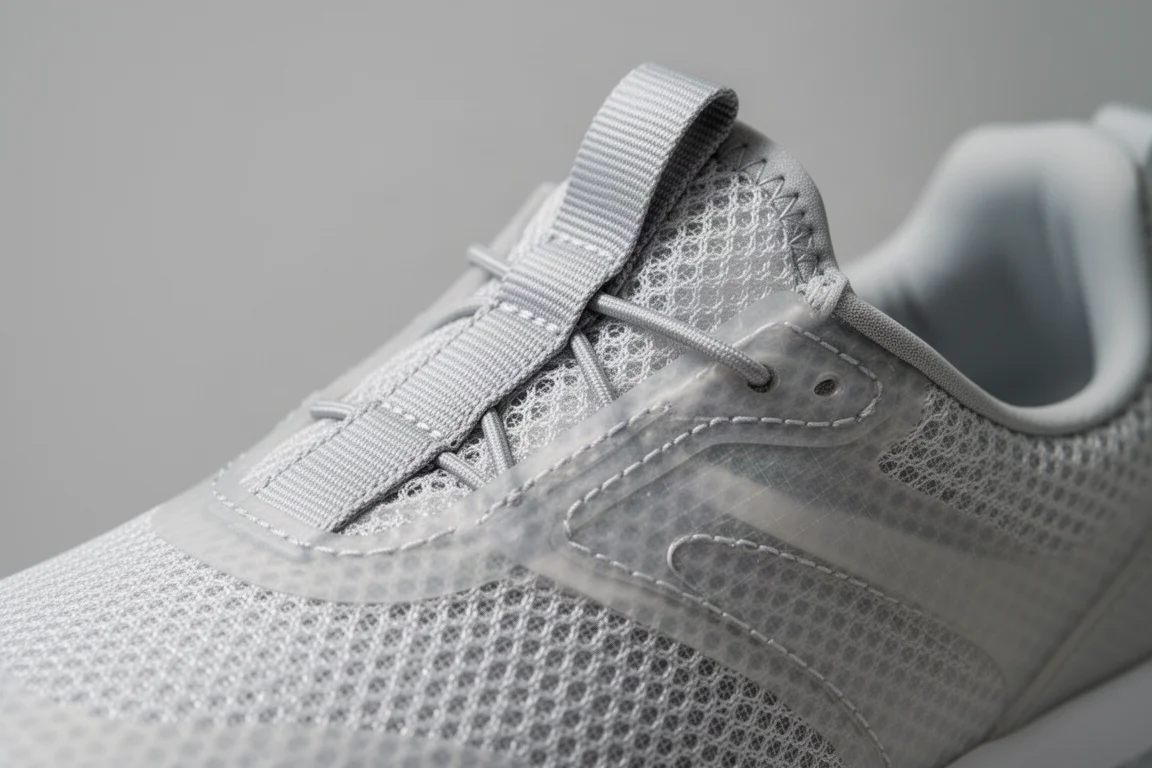 Primer plano del upper de malla translúcida de una zapatilla mostrando textura y cordones