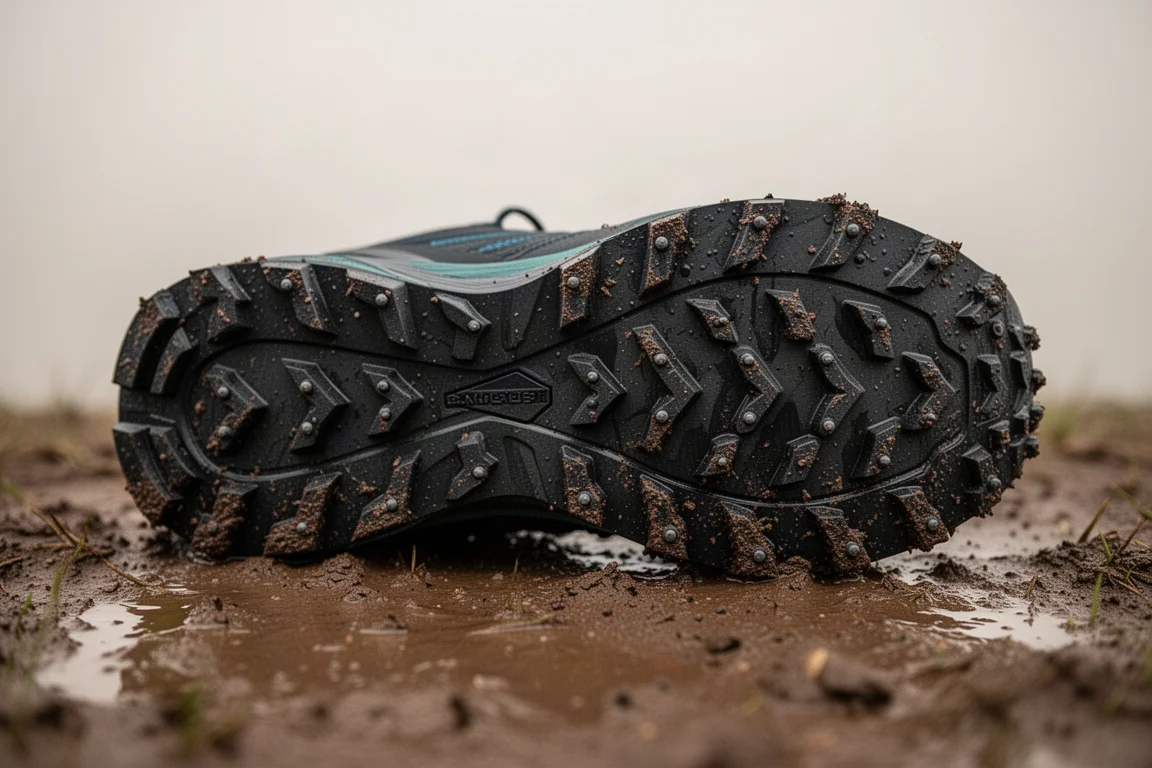 Suela con tacos profundos de una zapatilla de trail apoyada sobre terreno húmedo y embarrado