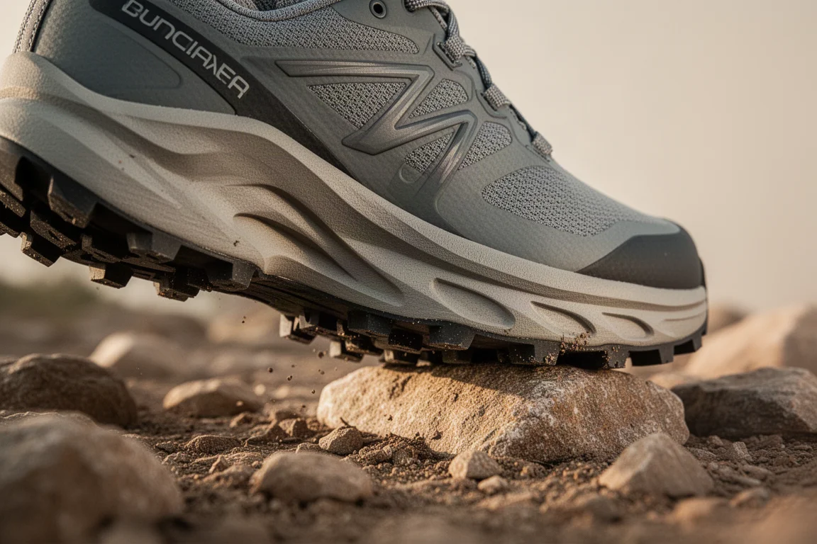 Primer plano de una mediasuela gruesa de zapatilla de trail comprimiéndose sobre terreno rocoso