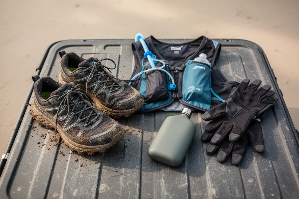 Zapatillas de trail y chaleco de hidratación sobre el portón de un coche tras una tirada larga