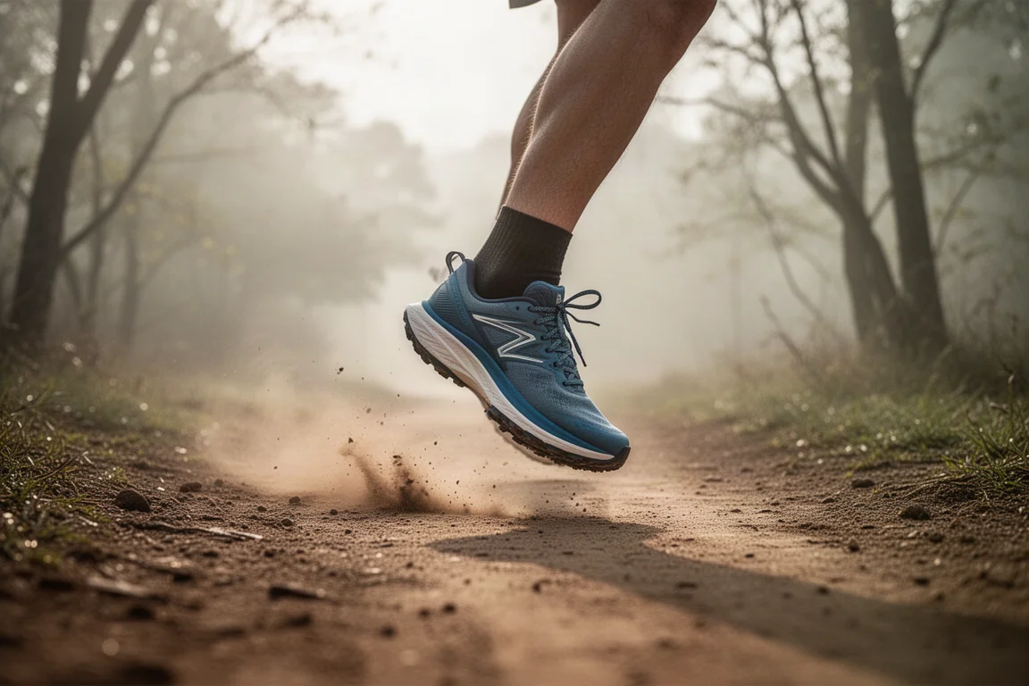 Trail runner's shoe striking dirt path surrounded by morning light