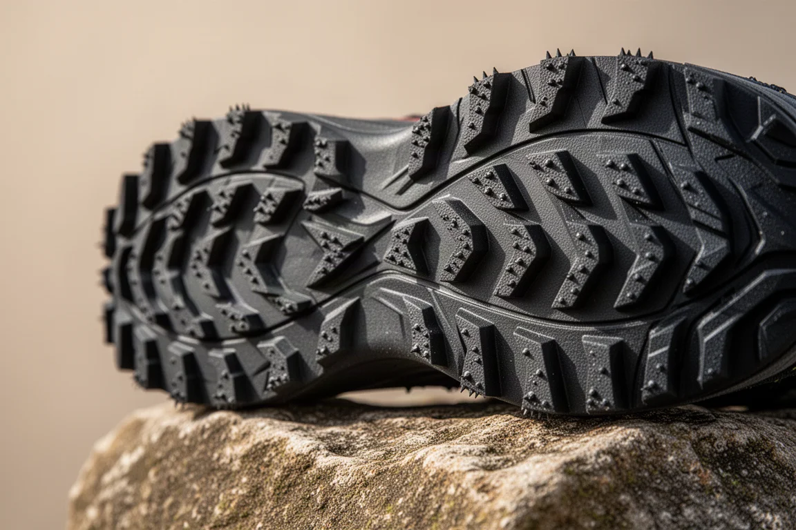 Close-up of deep lugged trail shoe outsole showing terraced traction pattern