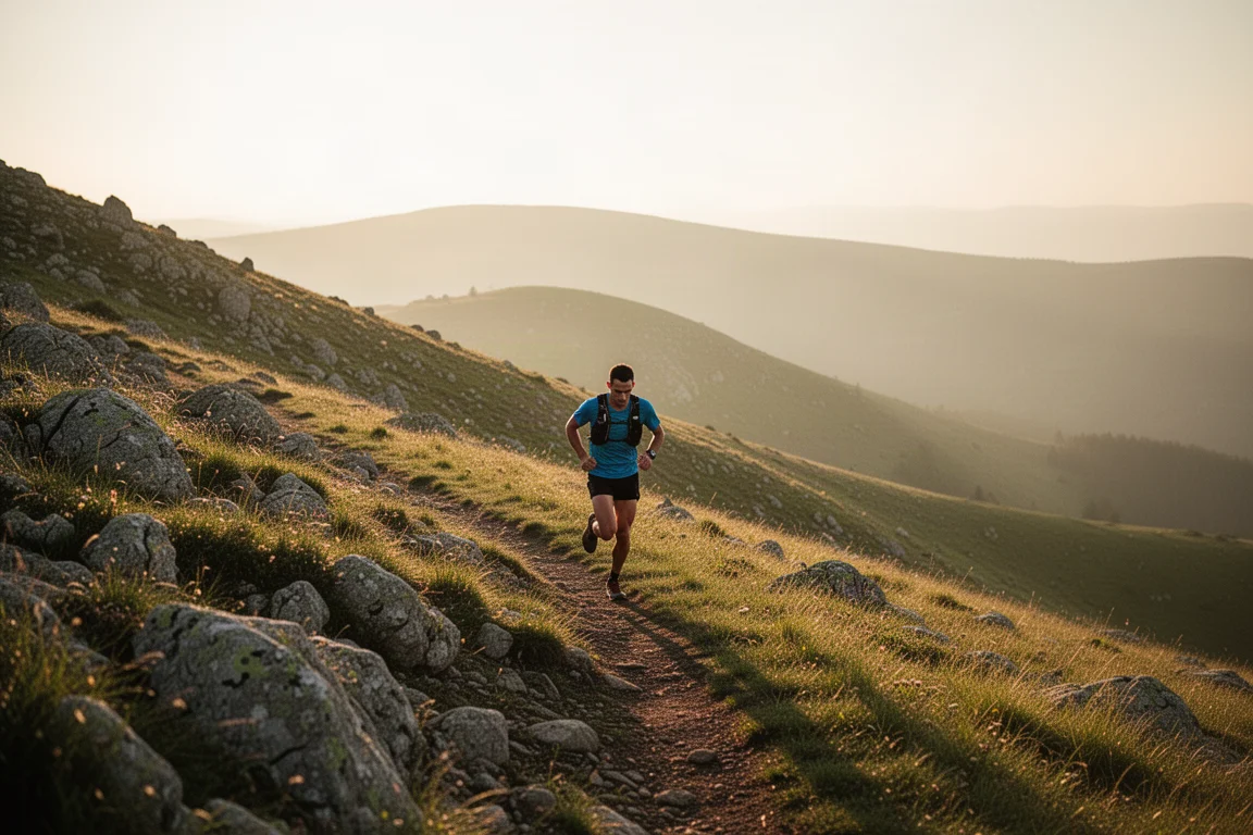 Trail runner descending a rocky hillside at golden hour