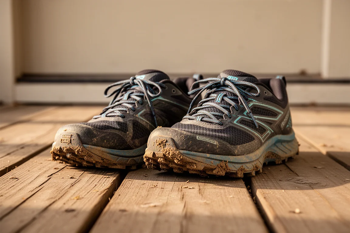 Trail shoes resting on a wooden porch after a run