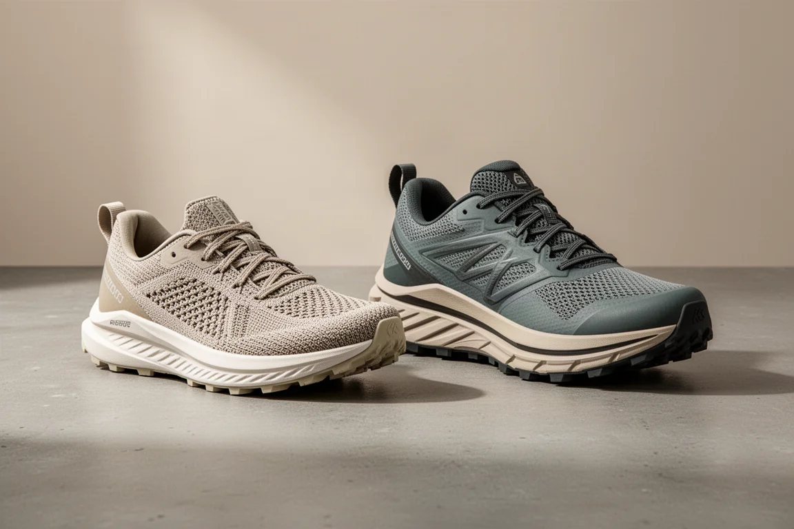 Hoka Mafate Speed 4 與 Mafate 5 越野跑鞋並排放在水泥地面上