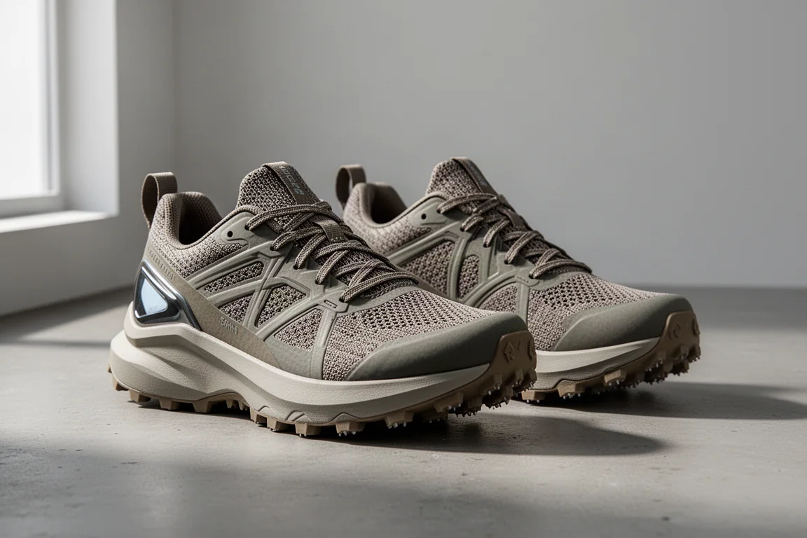 Coppia di scarpe trail running ammortizzate con suole robuste su una superficie in cemento