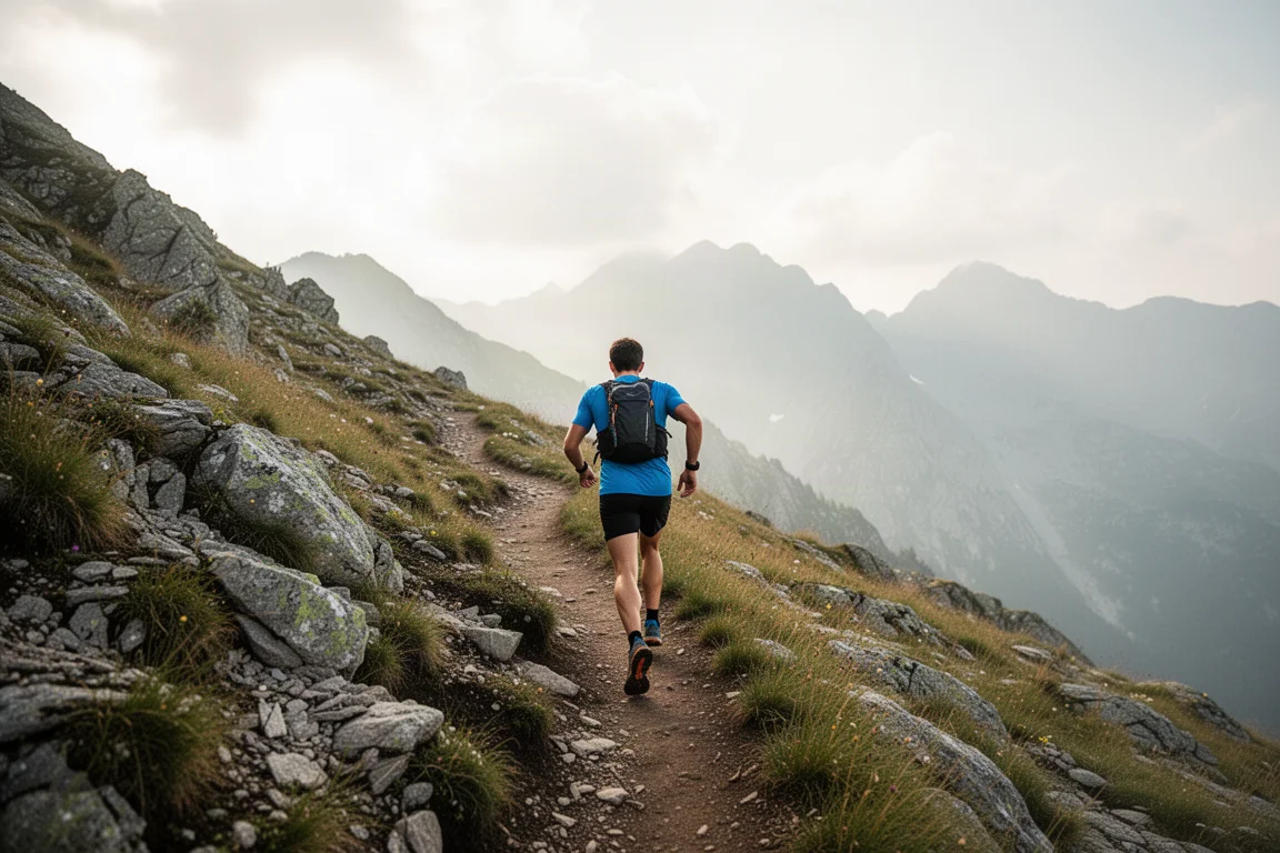 Trail runner climbing a steep alpine path on a high mountain ridge