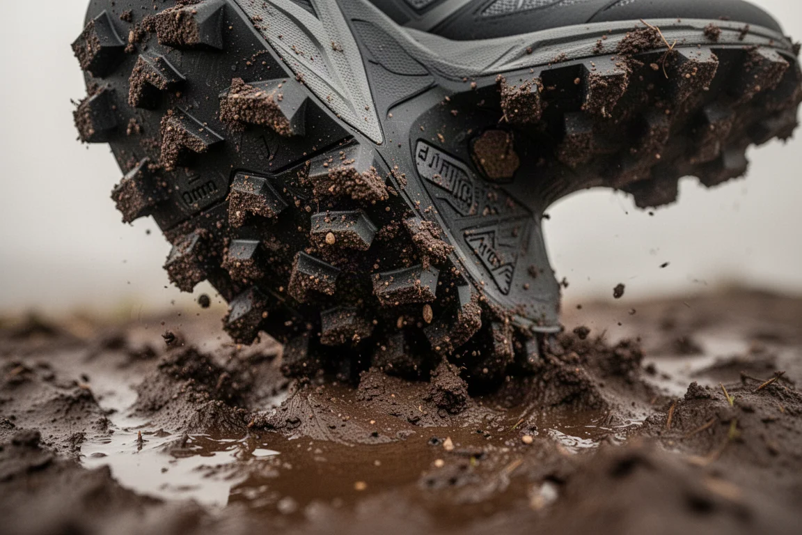 Close-up of a lugged trail shoe outsole gripping wet muddy ground