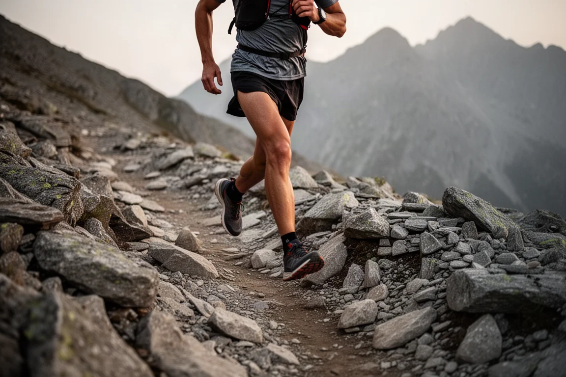Runner descending a rocky technical mountain trail at dusk