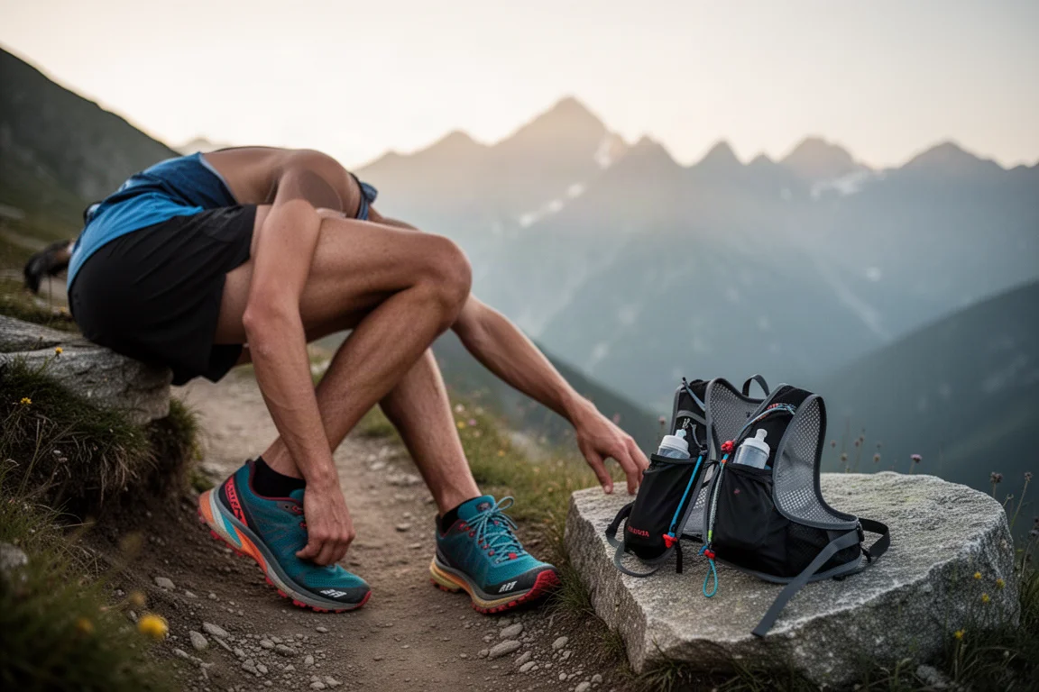 Trail runner stretching on a mountain path after a long run
