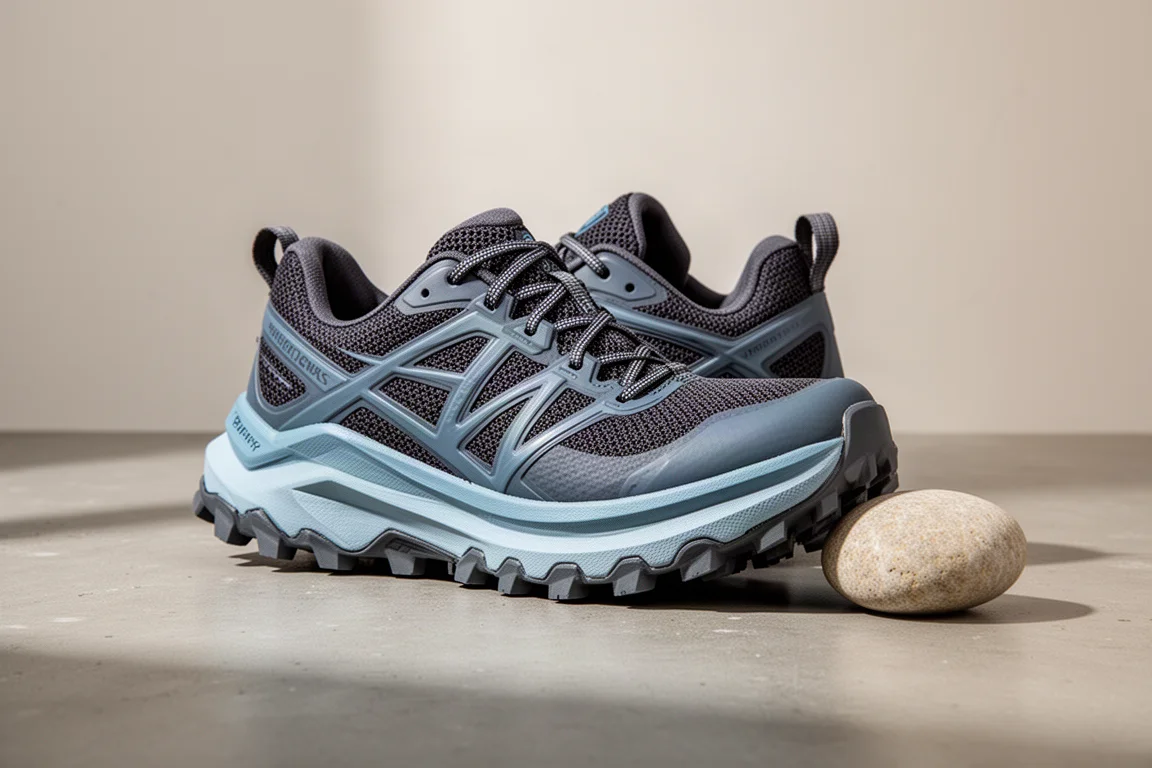 Hoka Mafate Speed 5 trail running shoe with lugged outsole on concrete surface