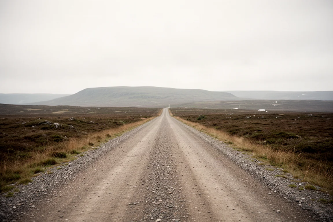 Flach durch offene ländliche Landschaft verlaufende Schotterstraße