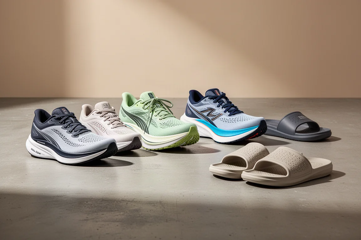 Six Hoka running shoes and recovery slides arranged on a concrete surface