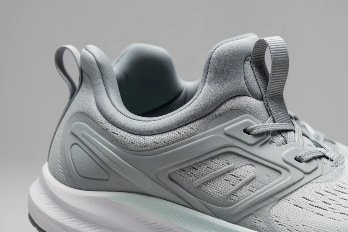 Gros plan sur la tige d'une chaussure de running montrant le collier du talon et les œillets de laçage