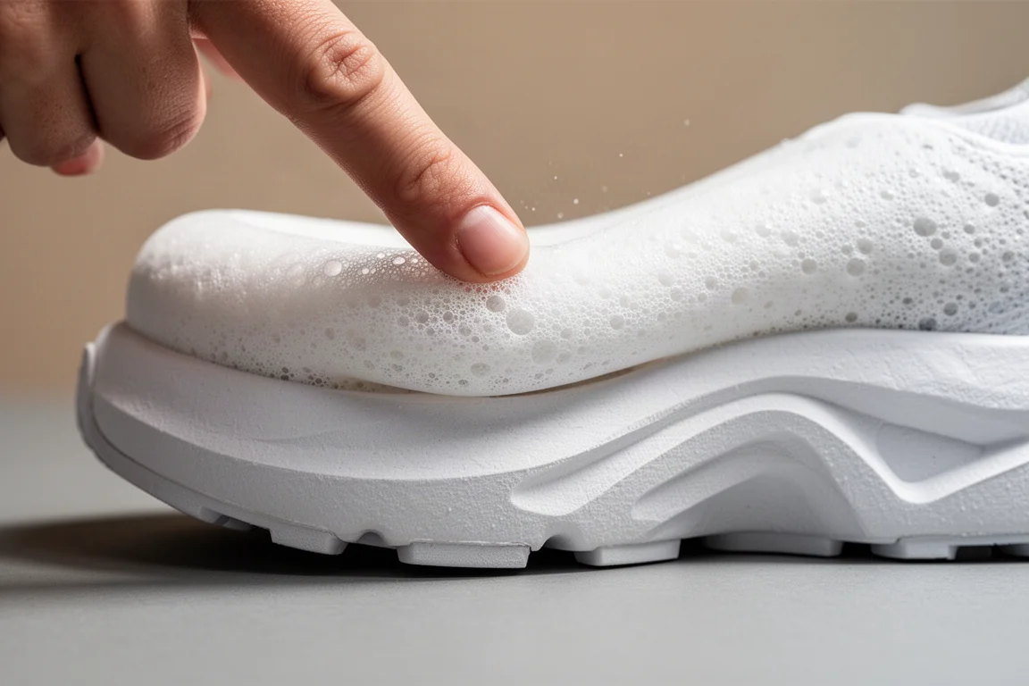 Mousse de semelle intermédiaire d'une chaussure de running comprimée sous un pouce
