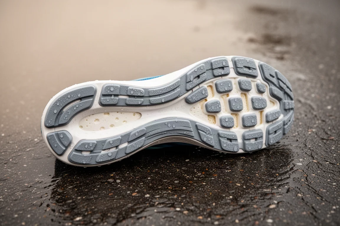 Motif en caoutchouc de la semelle extérieure d'une chaussure de running sur du bitume mouillé