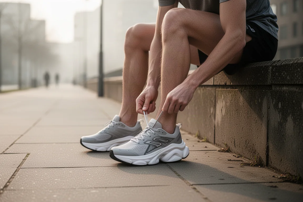 Runner lacing up a pair of chunky cushioned running shoes on a morning sidewalk