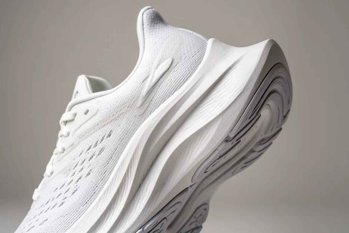 Close-up of a thick cushioned running shoe midsole showing the rocker curve