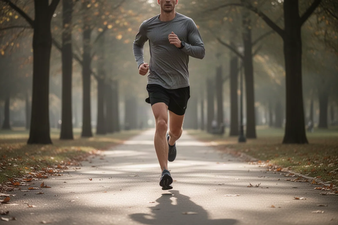 Runner easing into a steady pace on a quiet park path