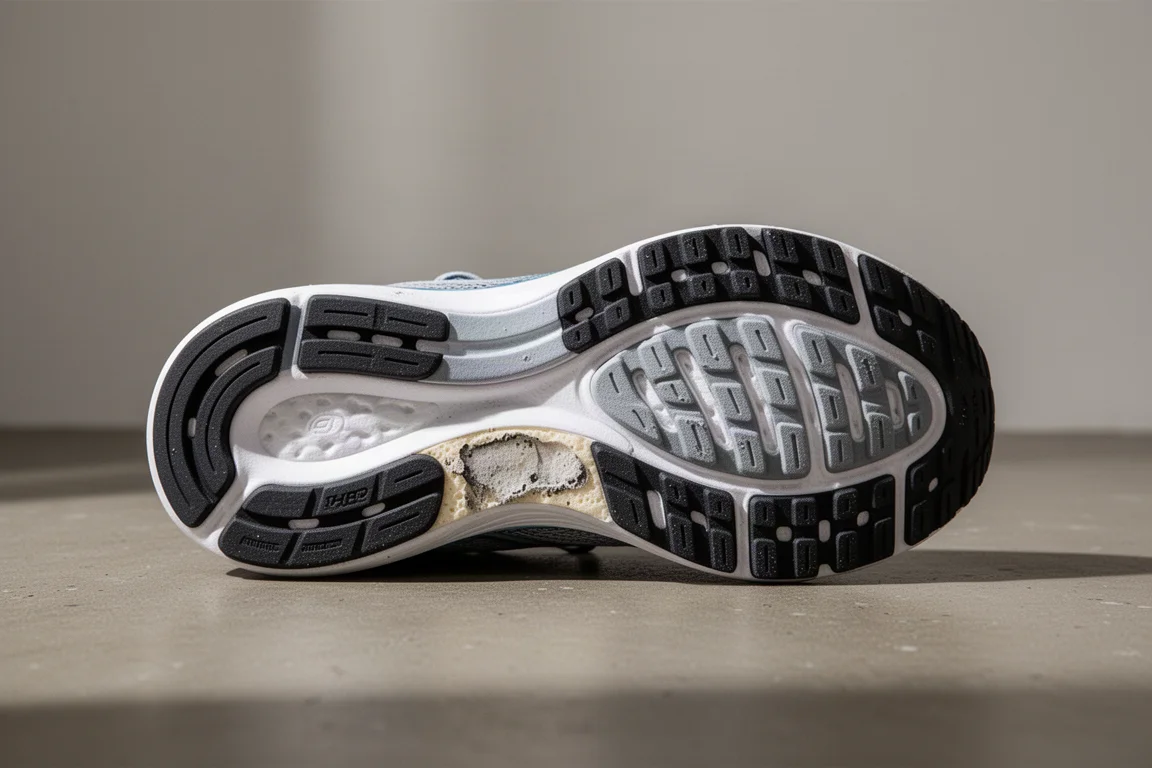 Outsole of a running shoe showing early wear on exposed midsole foam