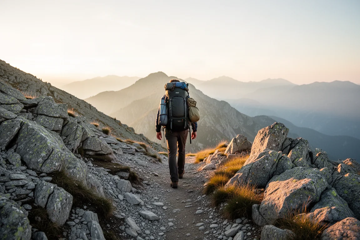 Trail runner su una cresta rocciosa all'alba con valli nebbiose sullo sfondo