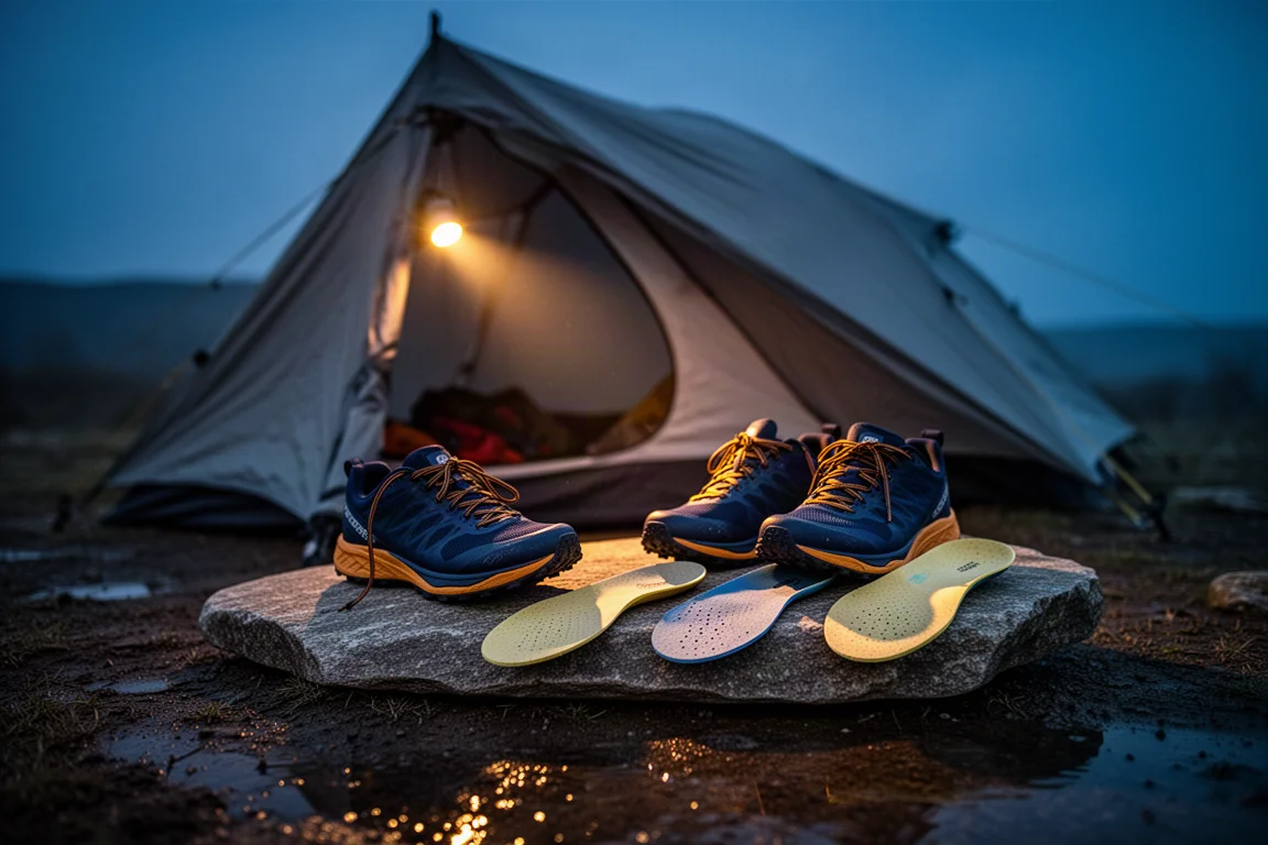 Attrezzatura da trail disposta su cemento con scarpe, calze, solette e borraccia