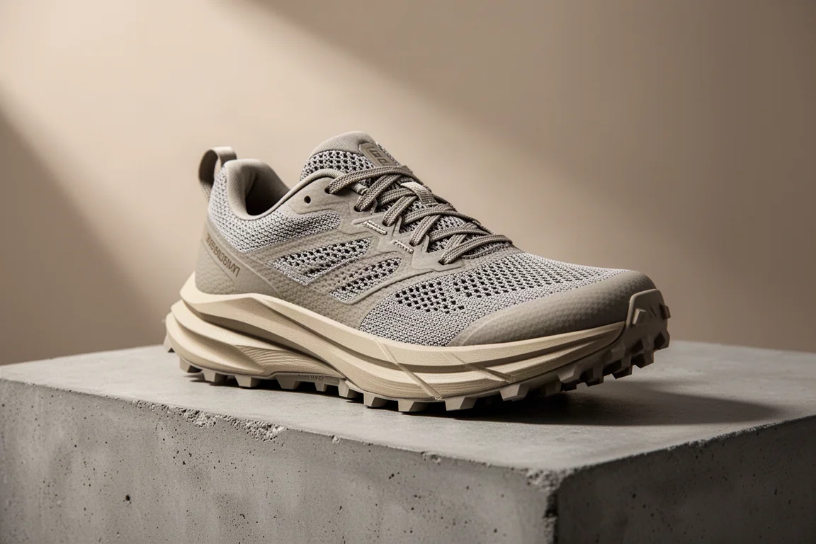 Trail running shoe with thick foam midsole and lugged outsole on concrete