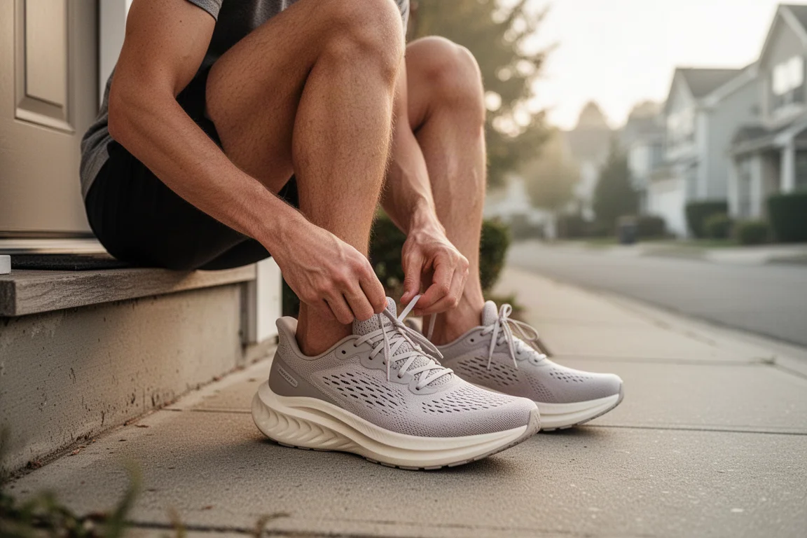 Un coureur lace ses chaussures de running légères et amorties sur un seuil de porte avant une sortie facile