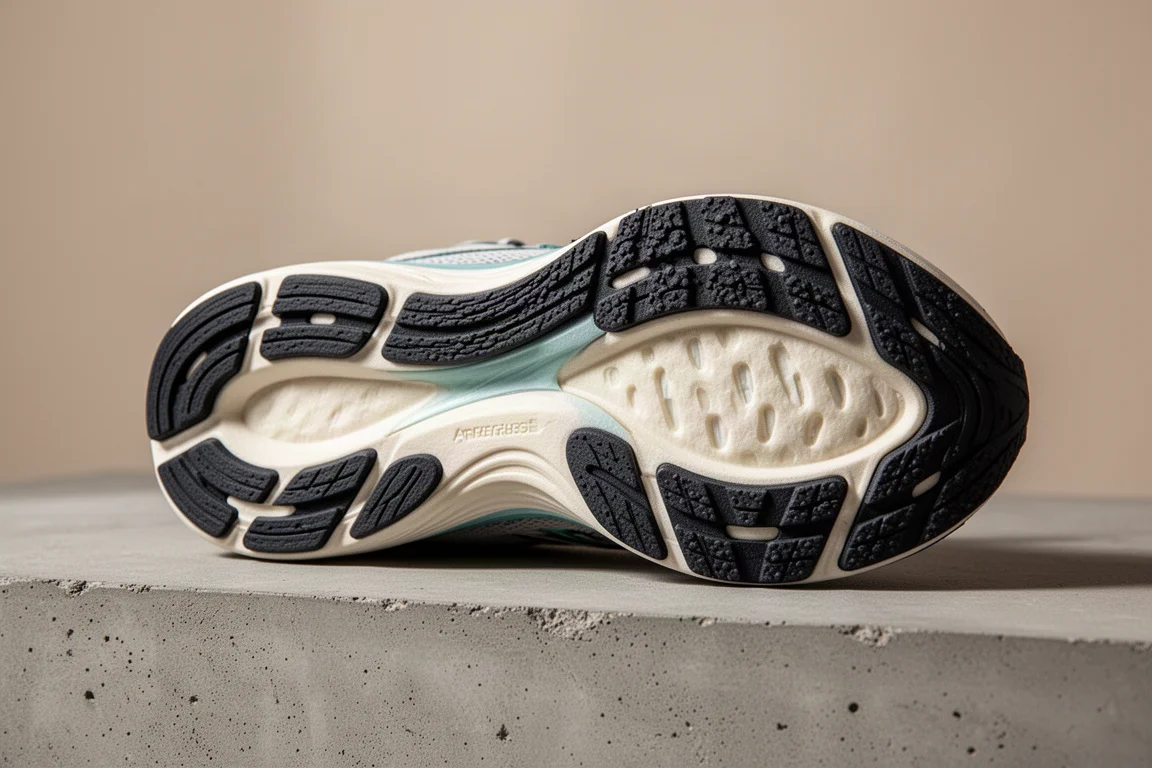 Gros plan sur la semelle intermédiaire et la semelle extérieure d'une chaussure de running, montrant le caoutchouc et la mousse