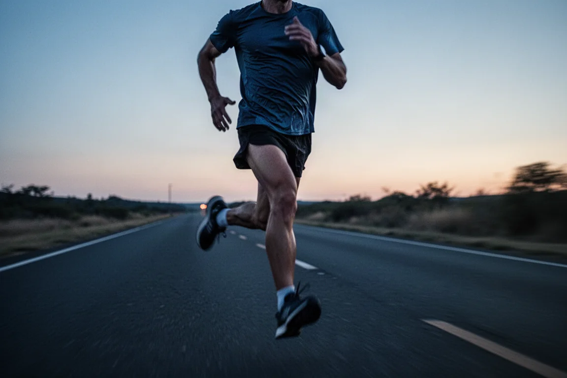 Un coureur termine une séance d'intervalles sur une route calme au crépuscule