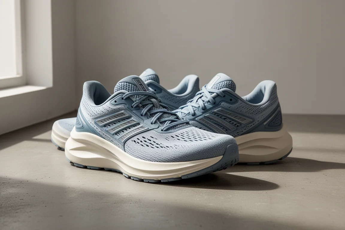 Hoka Rincon 3 running shoes with thick pale midsoles on a concrete surface